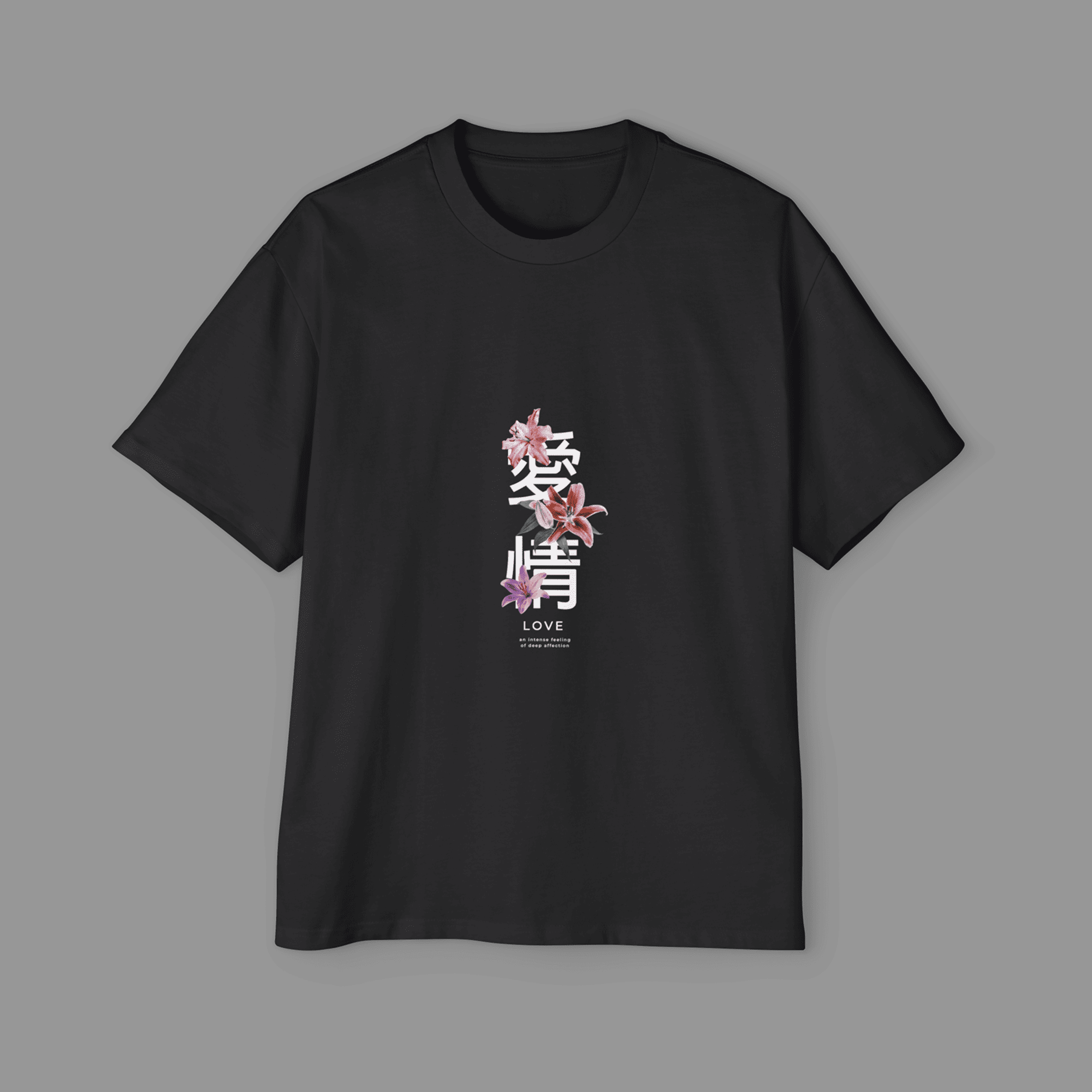 Kanji Love oversized t-shirt with Japanese characters and pink flower design by Dudle