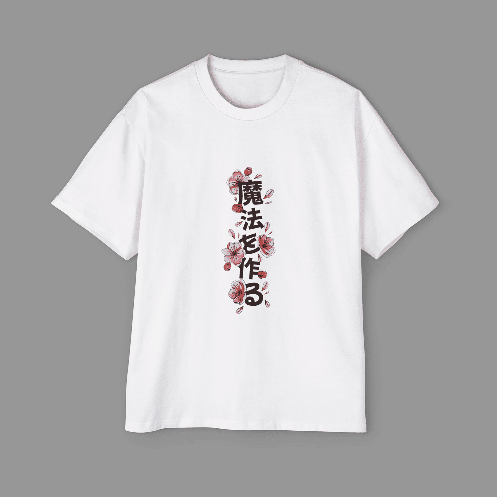 Kanji Magic oversized t-shirt with Japanese characters and red floral design by Dudle